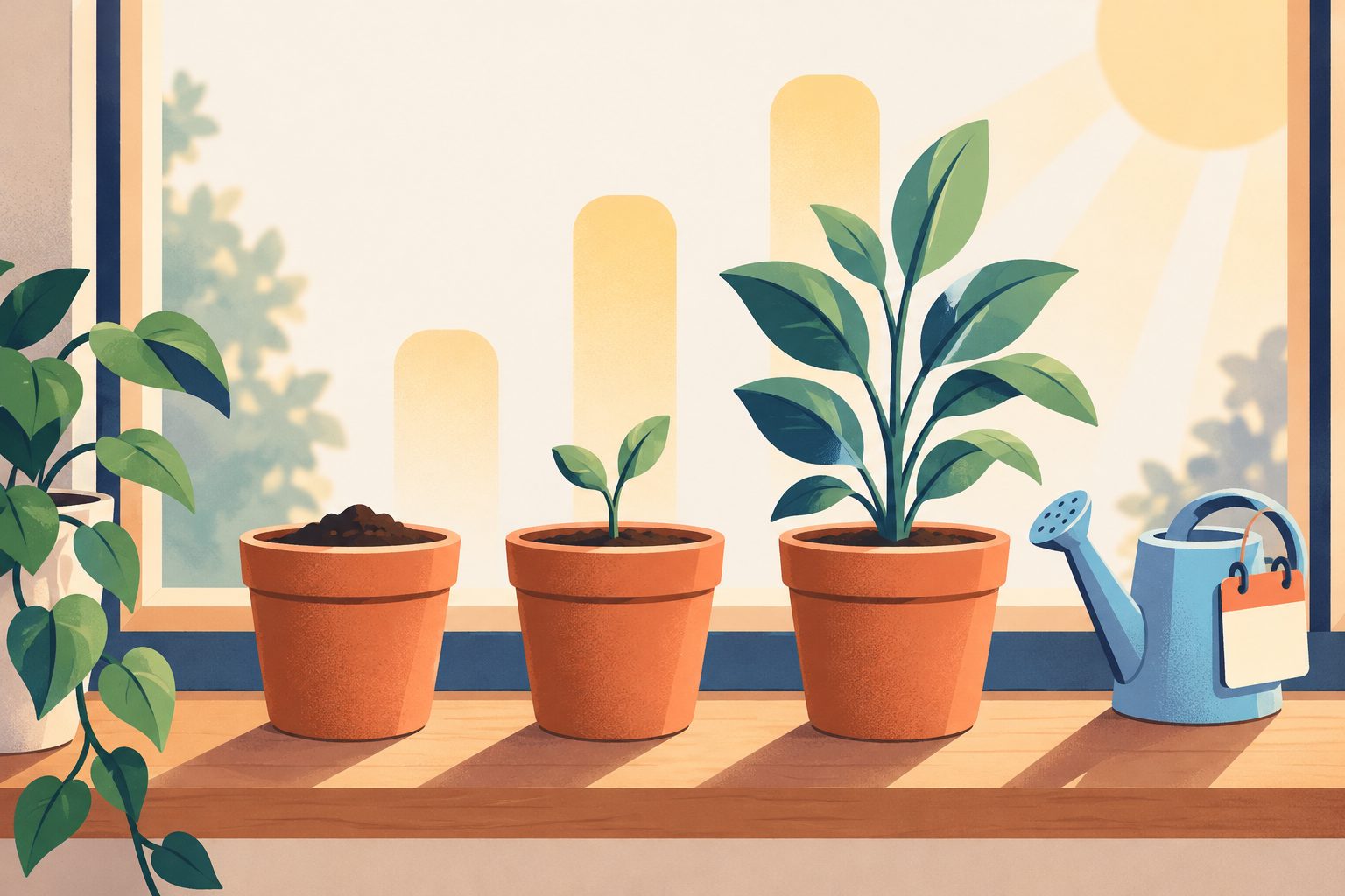 Three pots: soil, a sprout, a tall plant, with light beams rising like a bar chart