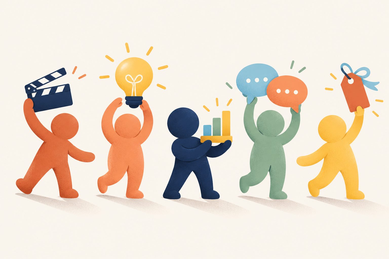 Five characters holding a clapperboard, a lightbulb, a chart, speech bubbles and a price tag