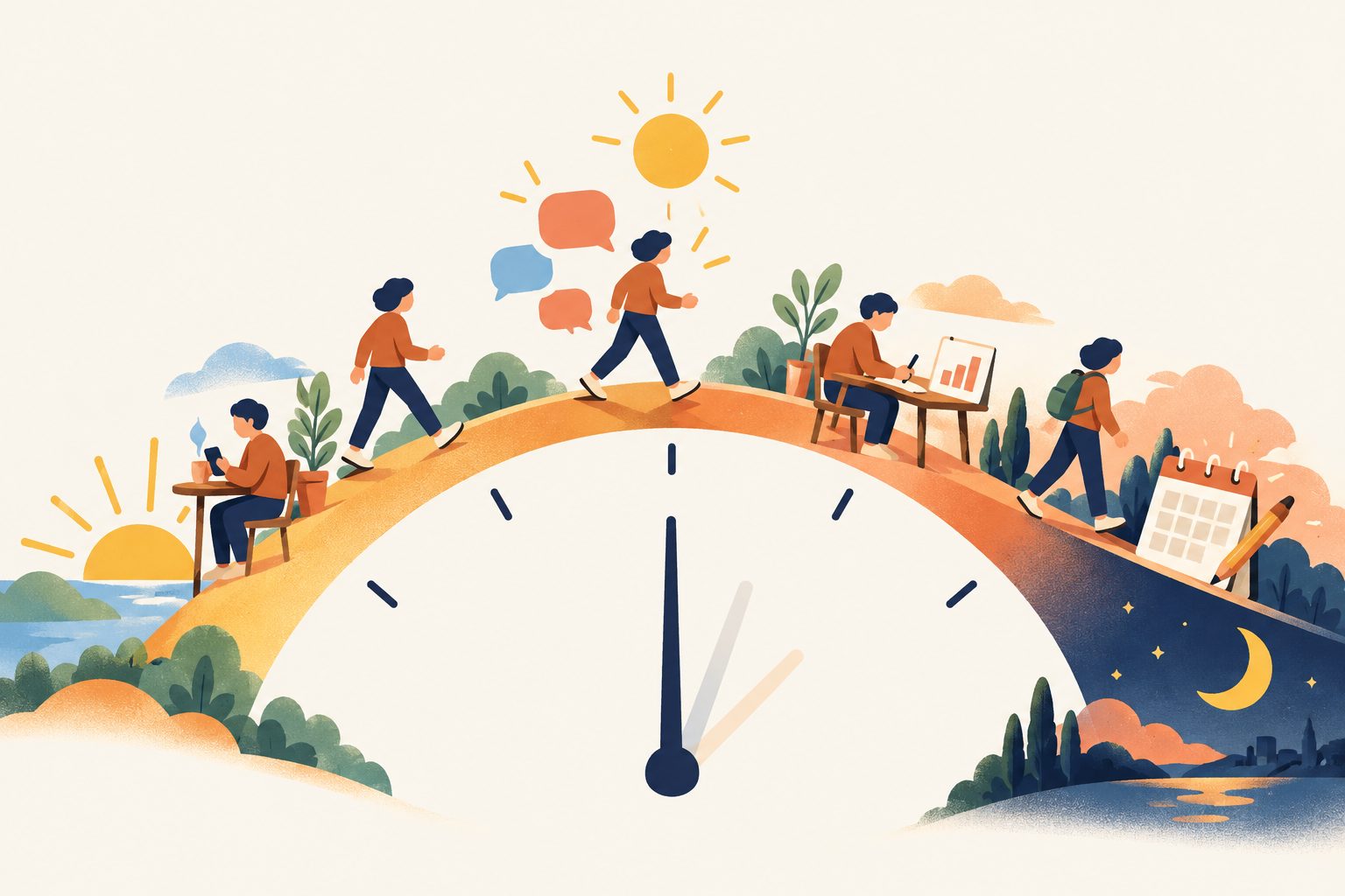 A sunrise-to-moon arc with small scenes: posting, replies, numbers, Sunday planning