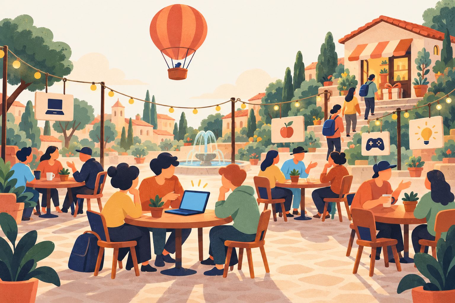 A maker answers a question at one table in a busy town square, and people walk up to the maker's small shop